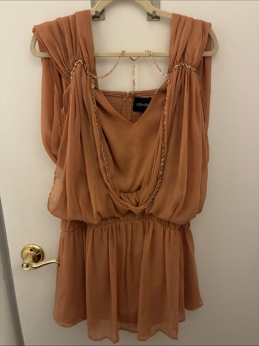 DO+BE Rust Brown Draped Chiffon Mini Dress with Chain Detail